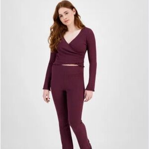 PLANET HEART burgundy Red Long Sleeve Faux Wrap Top Sz M Women Lettuce Hem AD12